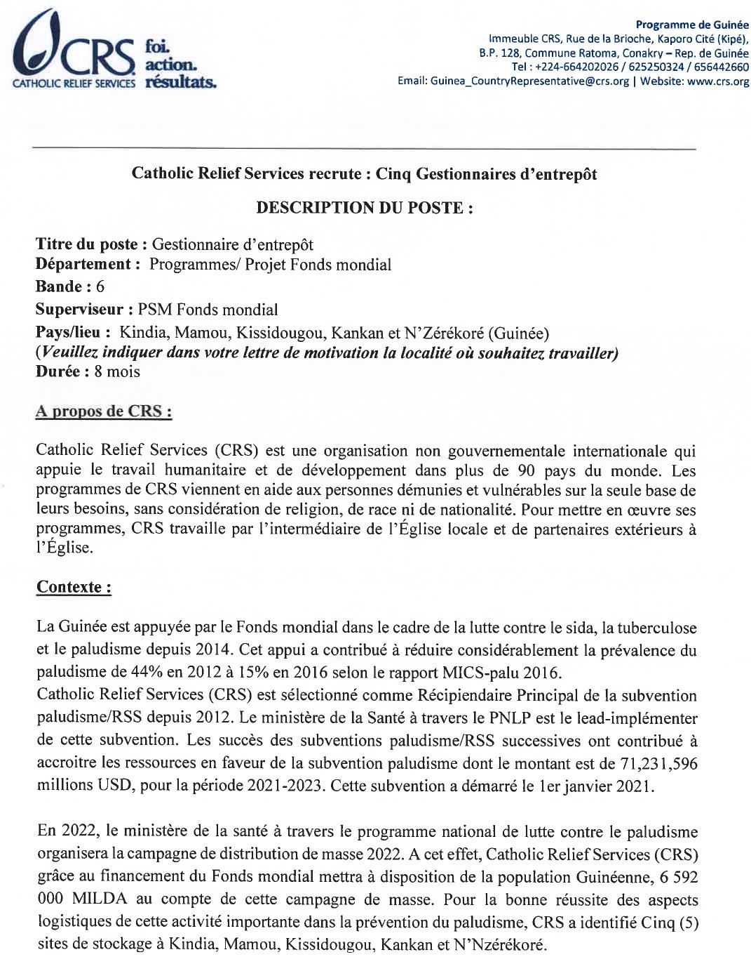 Avis de Recrutement de cinq(5) gestionnaires d’entrepôt pour Kindia, Mamou, Kissidougou, Kankan et Nzérékoré Page 1